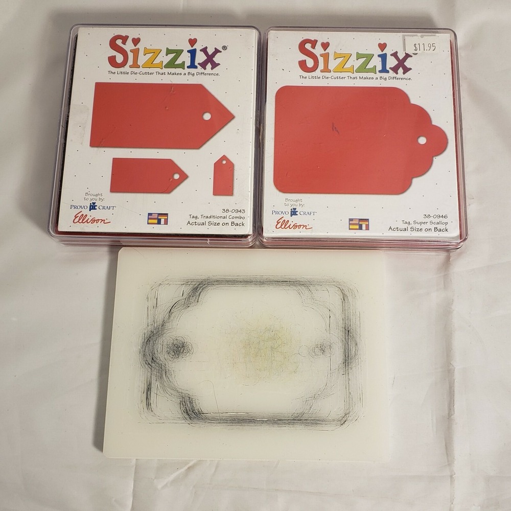 2 Sizzix Large Red Dies Tags Super Scallop 38-0946 Traditional Combo 38-0943 Pad